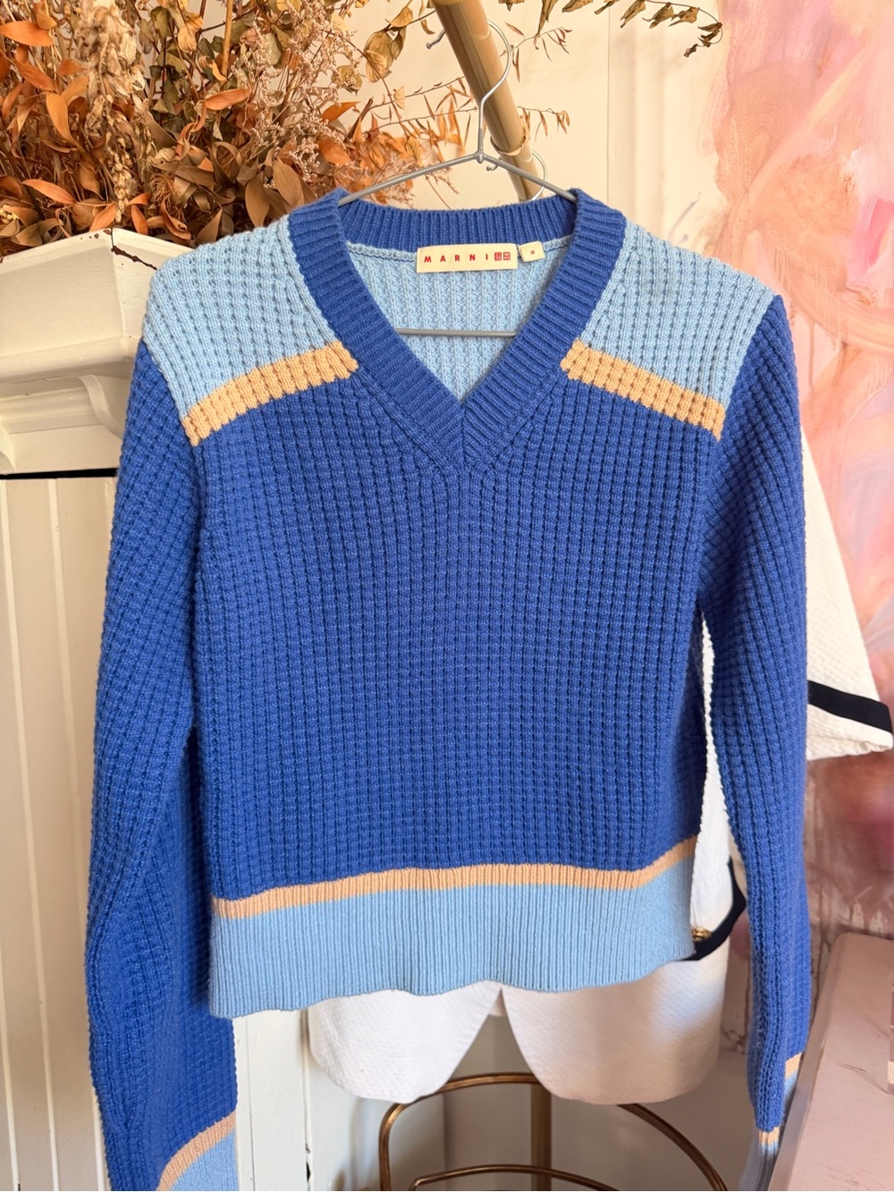 Marni Blue Contrast-Stripe V-Neck Knit Sweater